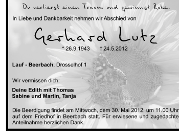 Traueranzeige von Gerhard Lutz von Pegnitz-Zeitung